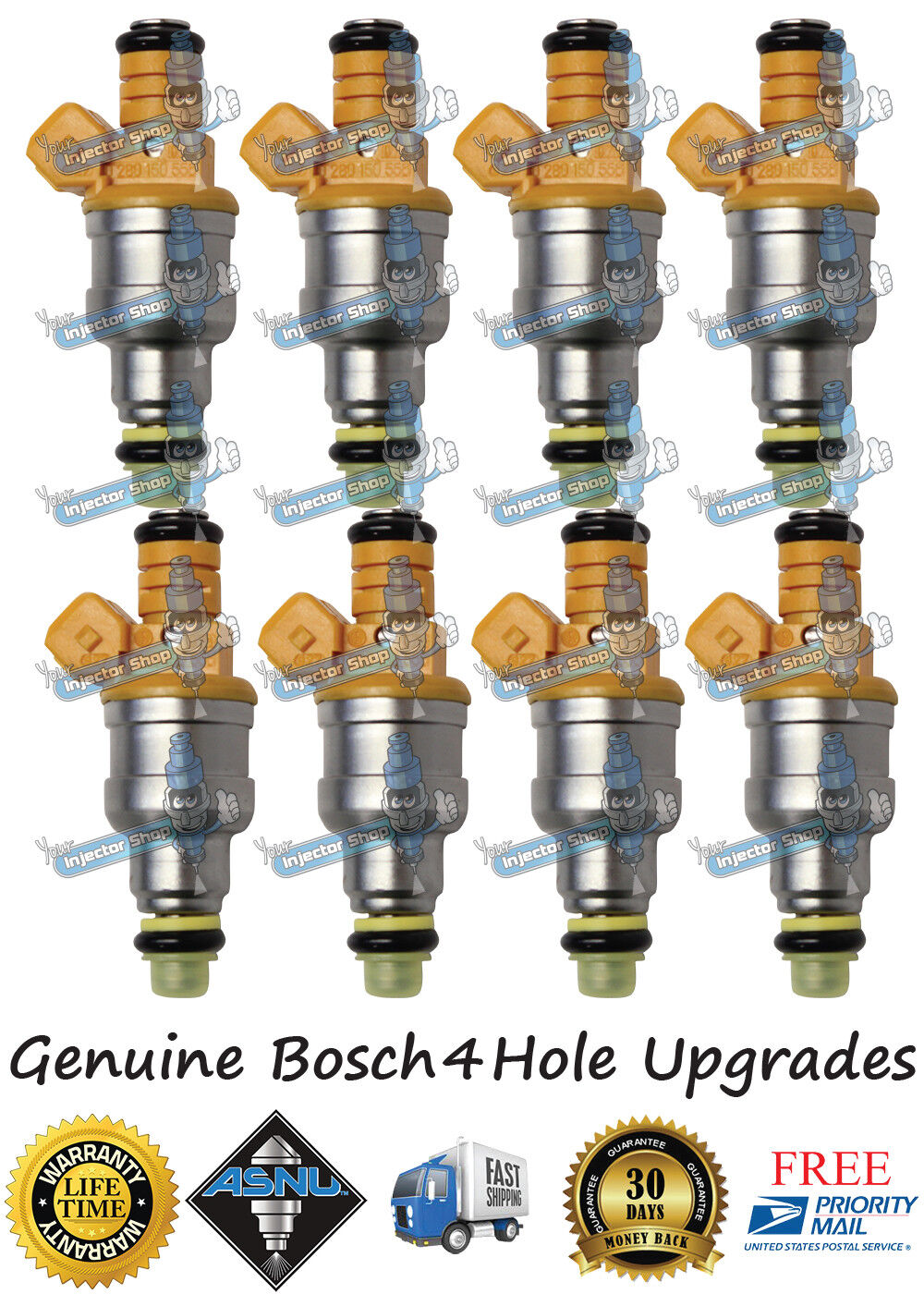 8x Genuine Ford F0TE-D5B F0TE-D5A 19LB 4 Hole Fuel Injectors 0280150943 0280150556 Bosch 4.6L 5.4L 5.0L 5.8L V8